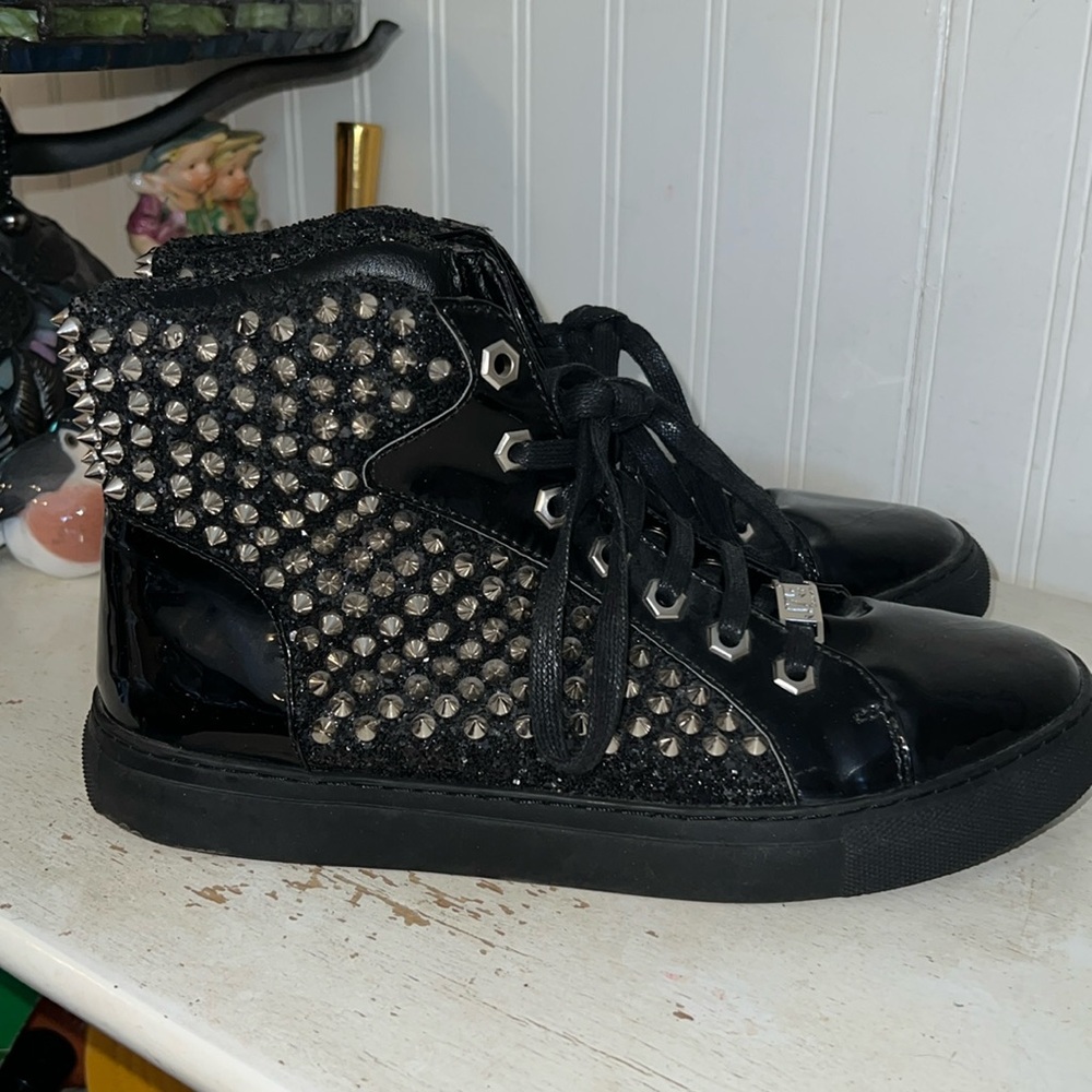 EUC J75 Jump Zulu - Silver Studded & Glitter High Top Sneaker - Size 8